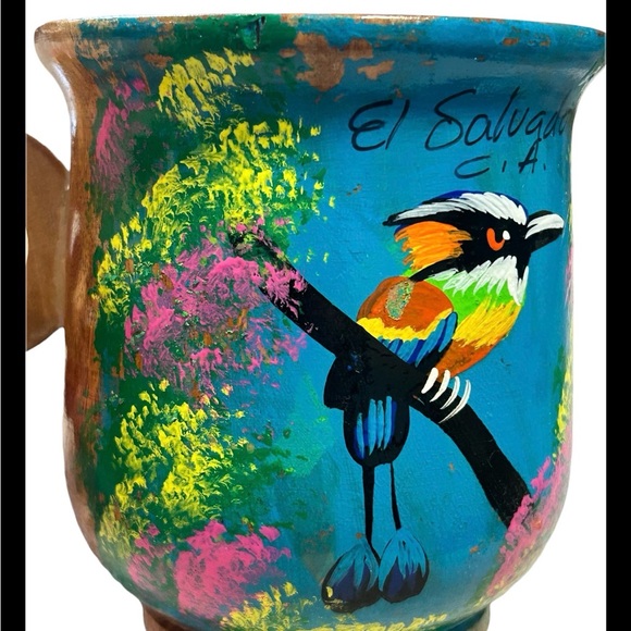 Handmade Hand Painted El Salvador Torogoz National Bird Wooden Mug Signed - Picture 2 of 6